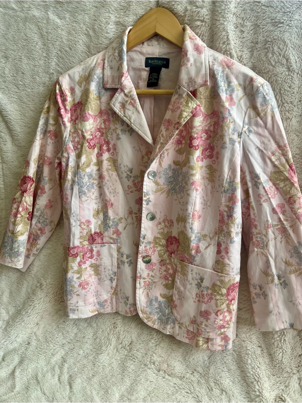 Vintage Van Heusen Pink Floral Cotton Blazer Jacket Medium Cottagecore